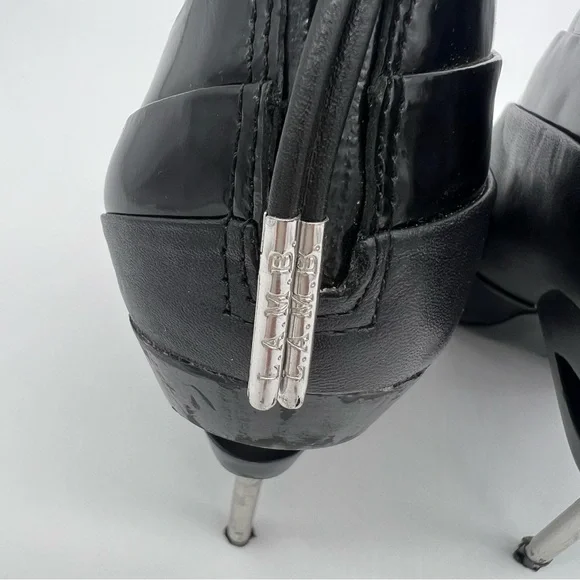 L.A.M.B.Black Patent Leather Open Toe Ankle Boots Silver Stiletto Heel Modern - Picture 6 of 13